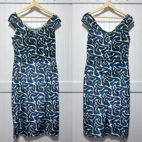Averie NWT Thea Off Shoulder Blue Abstract Print Cap Sleeve V-Neck Sheath Dress - Picture 1 of 15
